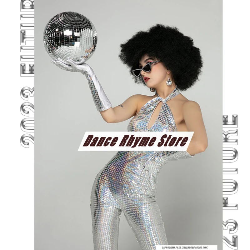 

Gogo Performance Outfits Retro Disco Jazz Costume Silver Earth Cool Explosive Head Disco Bar Steel Pipe Dance Costume XH261