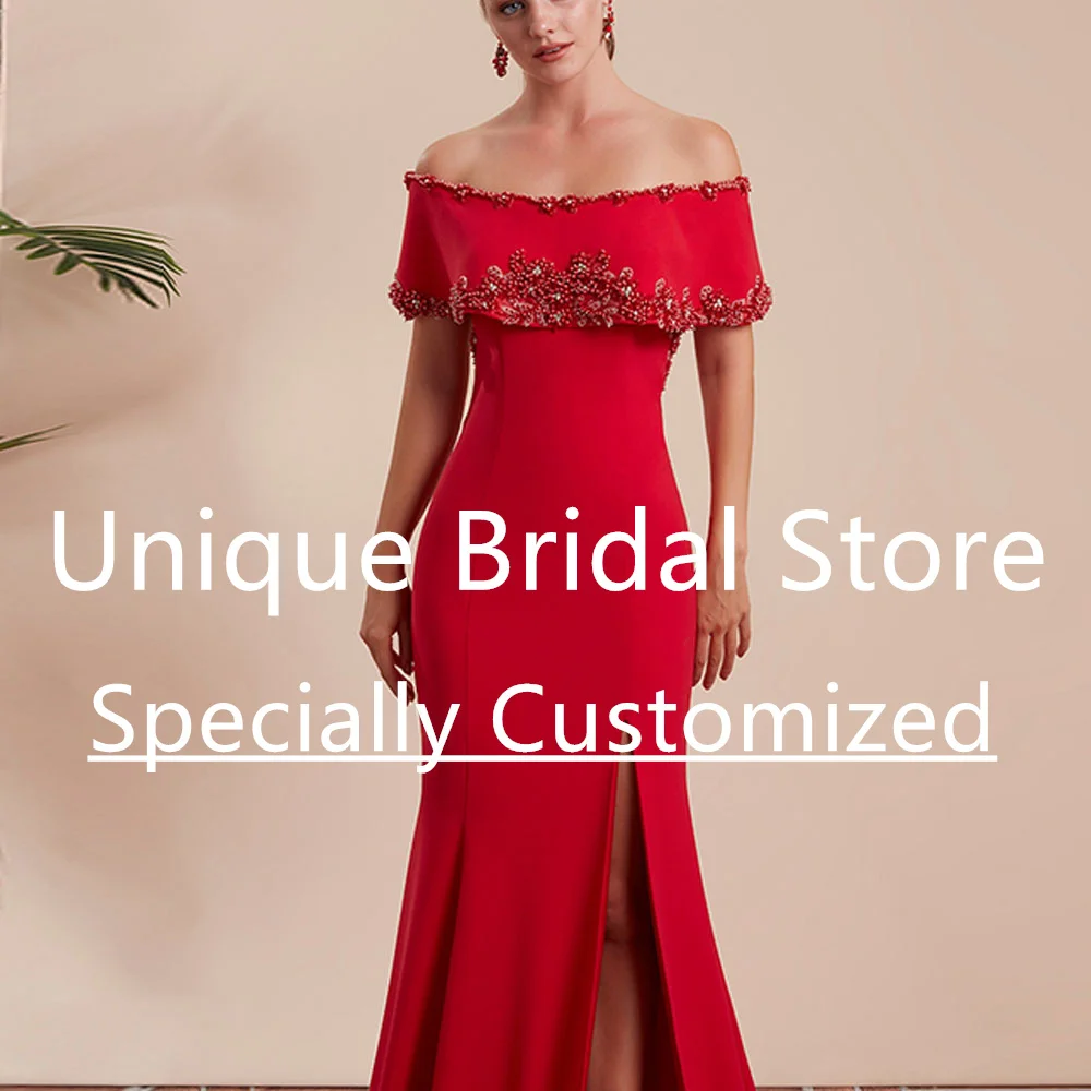 Vestido De Novia De sirena rojo personalizado con hombros descubiertos, manga corta con cuentas, abertura alta, Sexy, con botones, Vestidos De Novia C