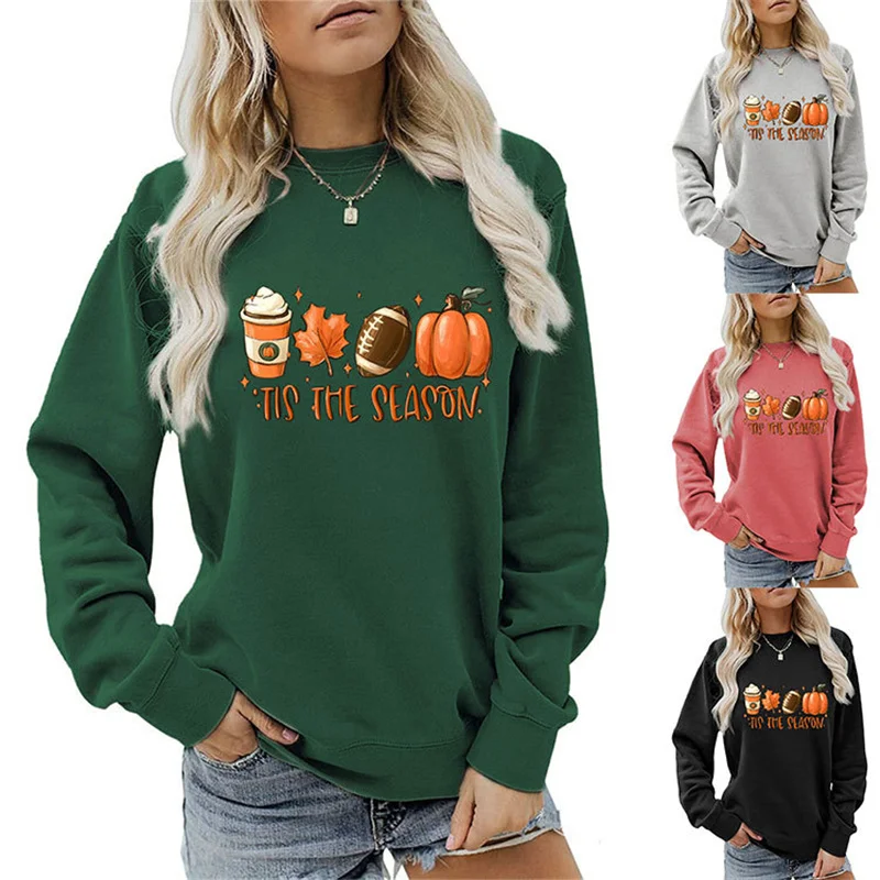 

New cotton autumn/winter TIS THE SEASON Pumpkin Halloween fun printed crew-neck hoodie fashion loose ladies top