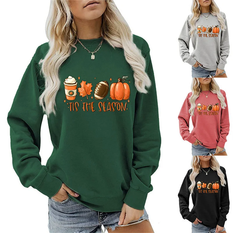 Atasan katun longgar untuk wanita, Atasan katun musim gugur/musim dingin TIS musim labu Halloween menyenangkan bermotif crew-neck modis