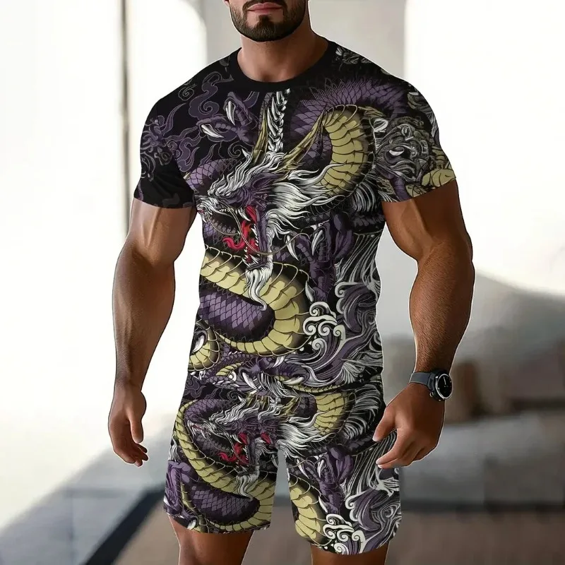 

Лето 2025 г., комплект мужской футболки с 3D принтом дракона, повседневные шорты с короткими рукавами и принтом льва, толстовка с капюшоном на открытом воздухе