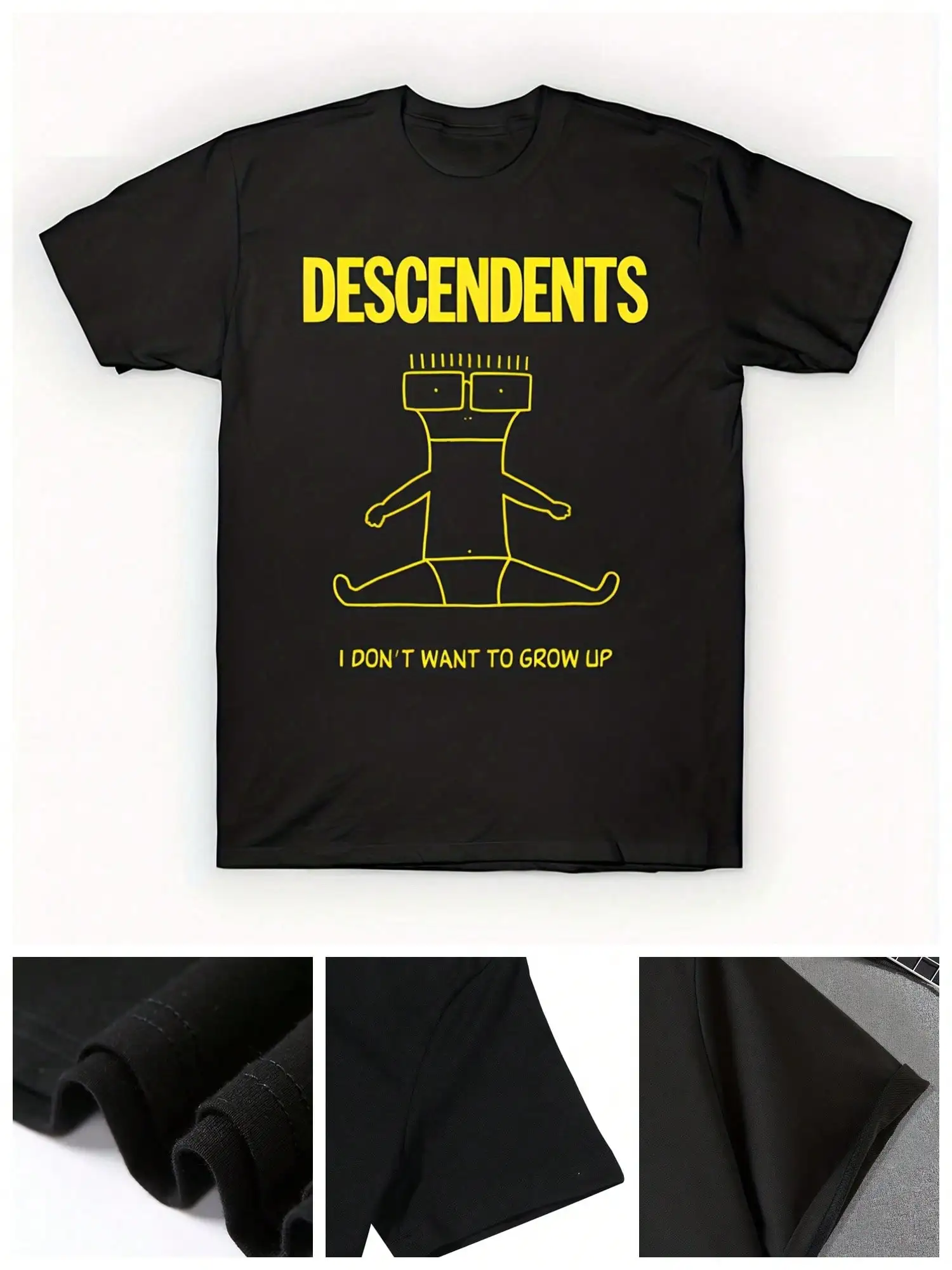 

Descendants-Inspired Men's T-Shirt - "I Don't Want To Grow Up" Humorous Design, Black Cotton Tee With Yellow Cartoon Graphic