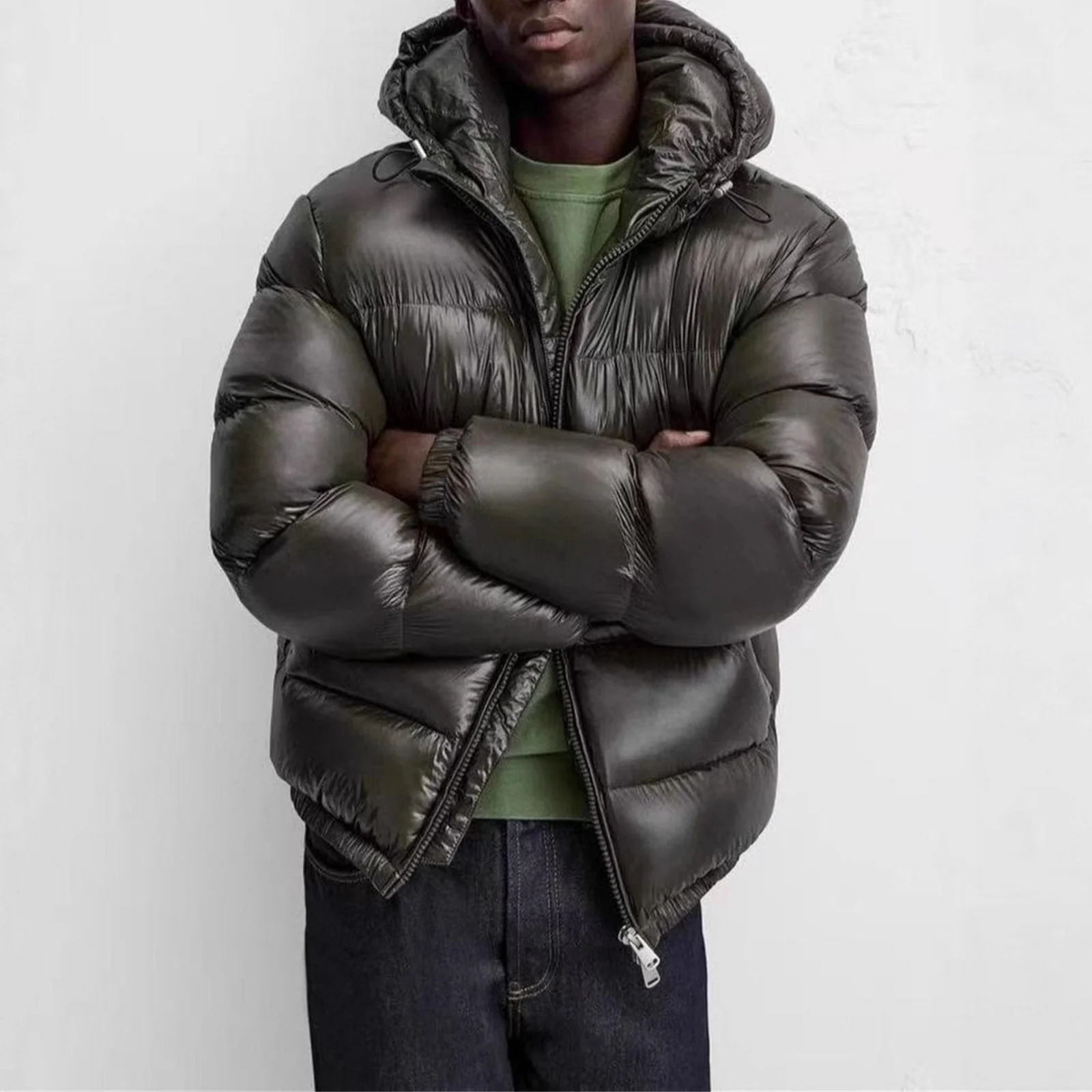 الرجال أسفل سترة عادية بلون مقنعين القطن وسادة مبطنة الرجال سميكة الشتاء معطف دافئ فضفاض جيب الخبز سترة معطف