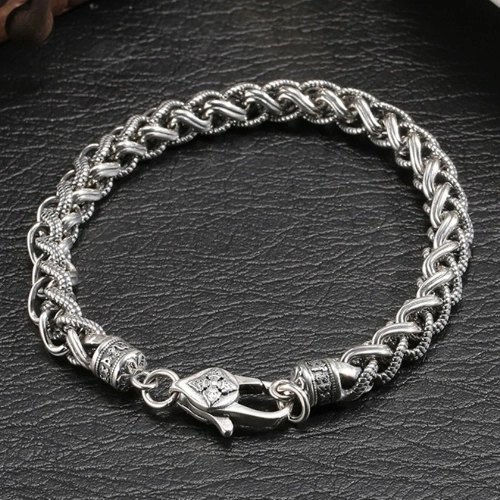 

Real Solid 925 Sterling Silver Chain Men Lucky 7mm Wheat Braided Twist Bracelet 30.6g/20cm