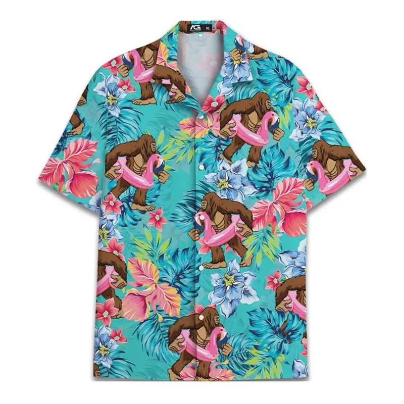 Alien Bigfoot Sasquatch Neon Colors Print Men Shirt Hip Hop Personality Short Sleeve Hawaiian Shirts Summer Leisure Trend Blouse