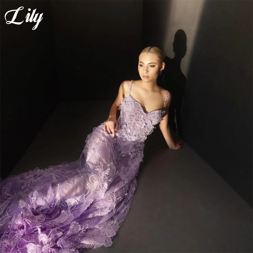 Lily Lavender Floral Tulle Formal Gown Spaghetti Strap Prom Dresses Beaded A Line Evening Dress Dreamy Modern Style Customized