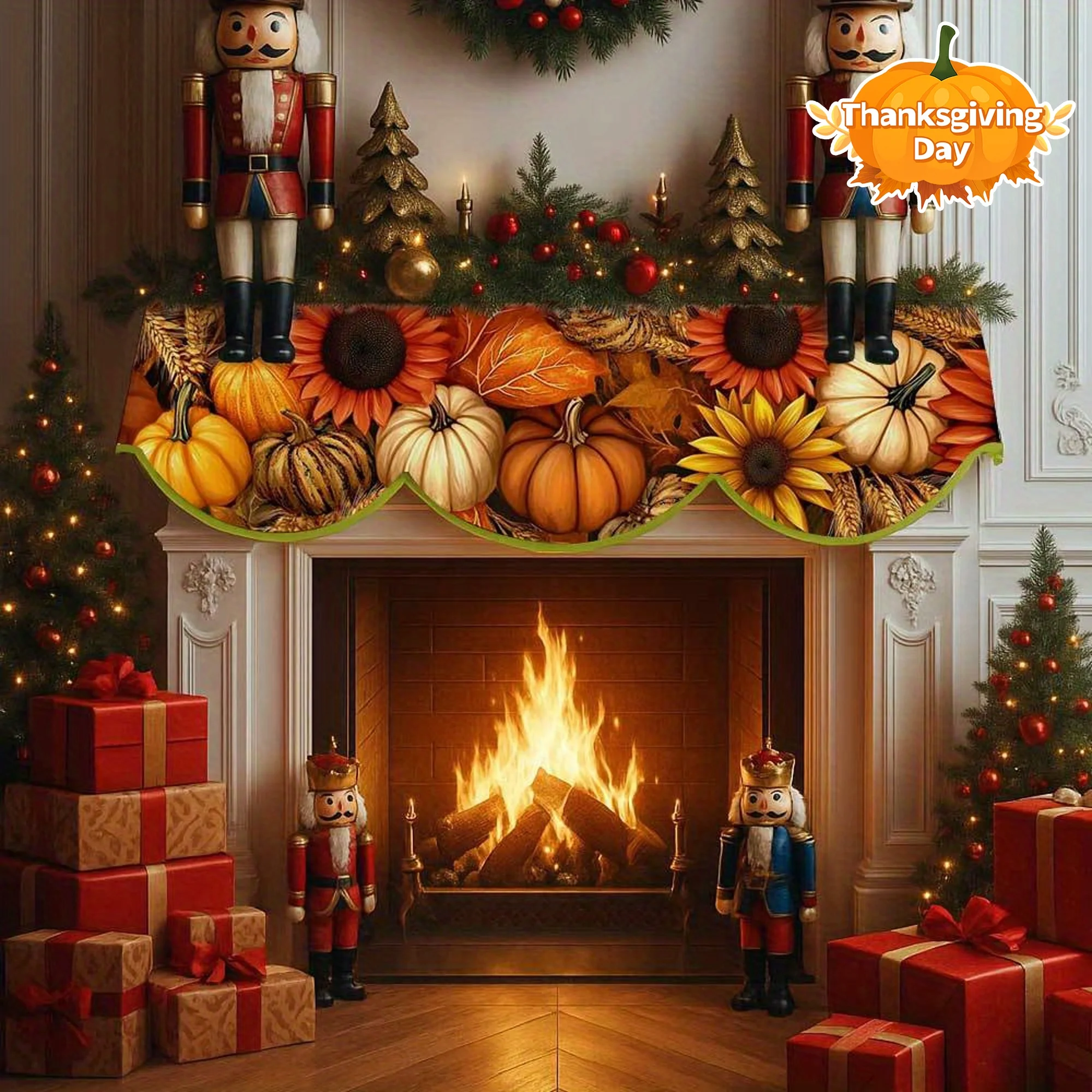 VIKAMA Thanksgiving Fireplace Mantel Scarf Sunflower Pumpkin Mantel Topper Harvest Fireplace Shelf Cover Fall Home Indoor Decor
