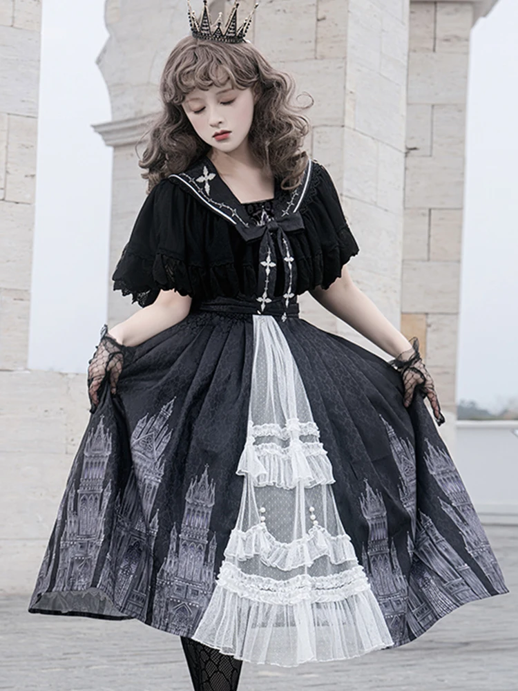 Halloween Gothic Style Printed Pearl Belt Sling Lolita Retro Princess Dress Bow V-neck Lace Cape Cardigan Two Piece Set Women