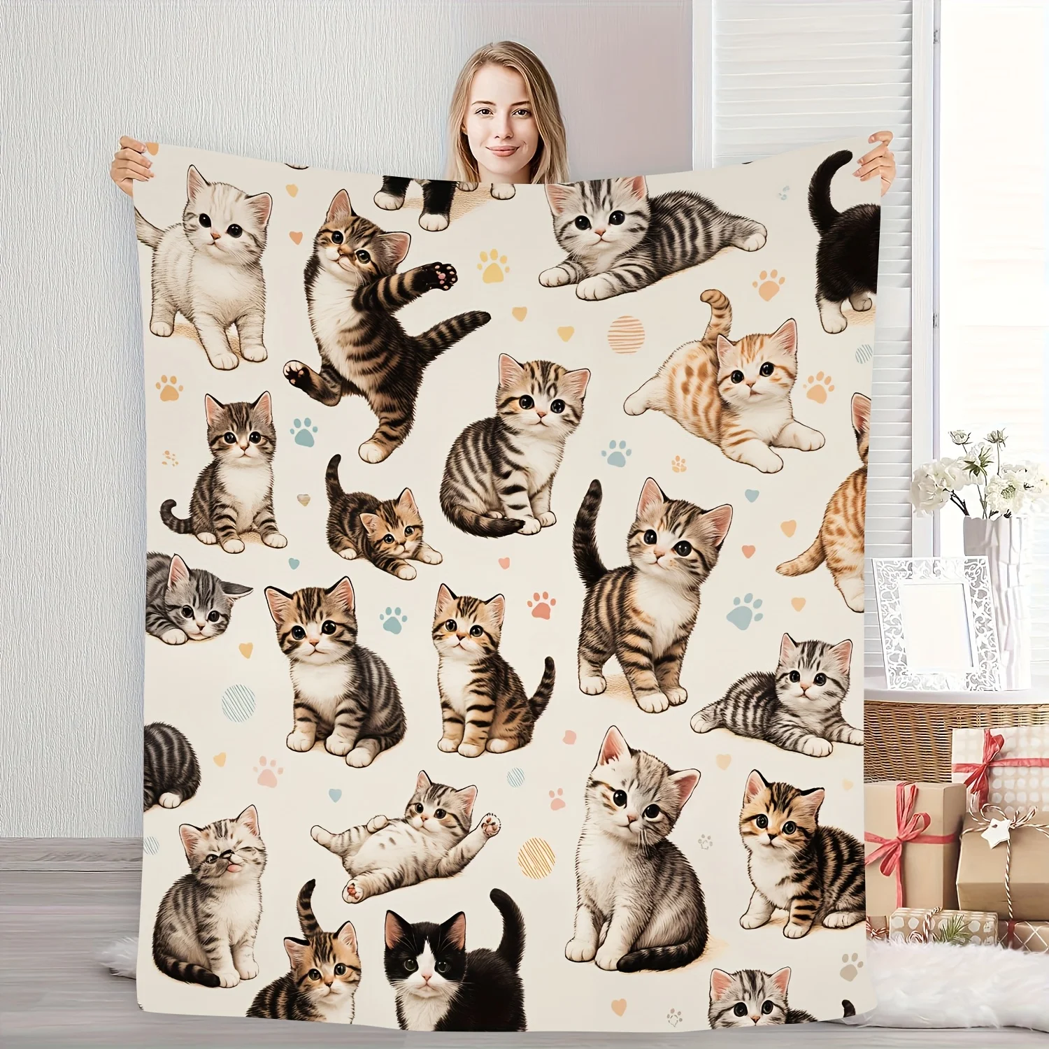 1pc of Comfortable Cartoon Cat Flannel Blanket, Soft and Casual Warm Blanket, Multi-functional Office Blanket, Outdoor Camping T