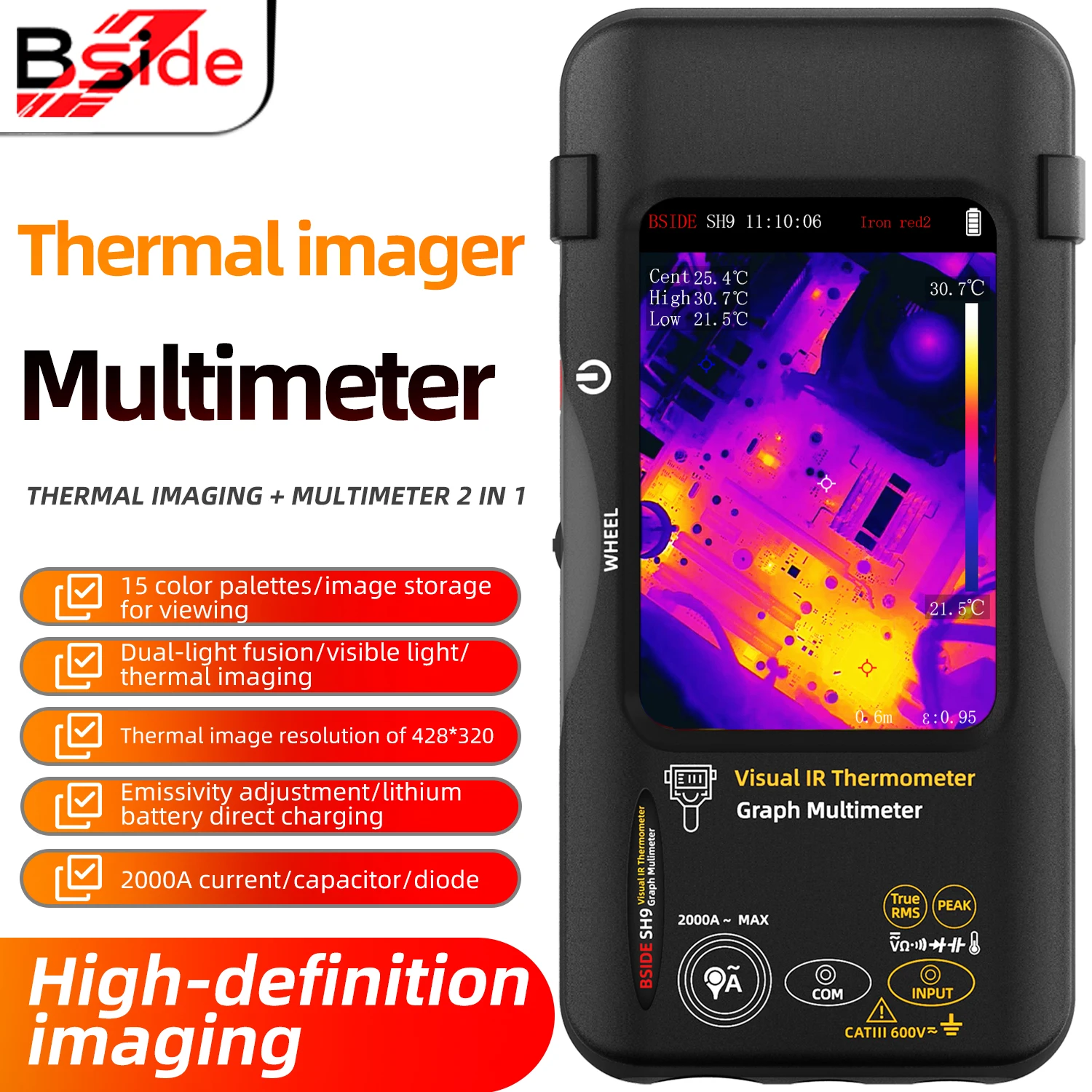 

BSIDE SH9 Thermal Camera Industrial 3.98Inch PCB Thermal Imager, 20000counts Multimeter Circuit Board Electrical Inspect
