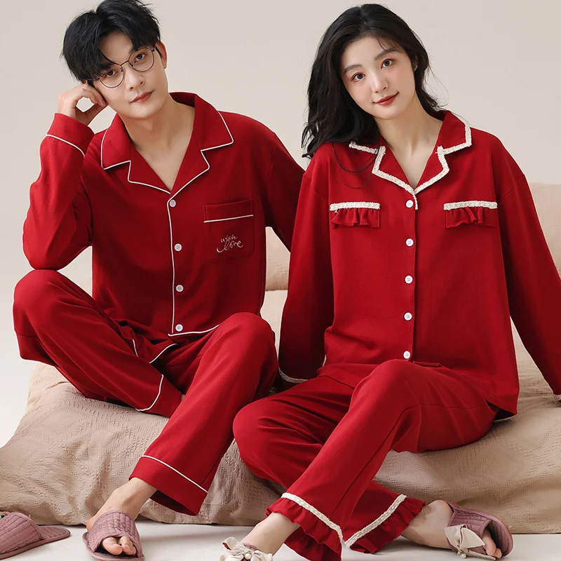 Lovers Festive Red Cotton Pajamas Solid Color Cardigan Pajama Set Sleepwear Long Sleeve Tops+Pants Pajamas Home Clothing Pyjamas