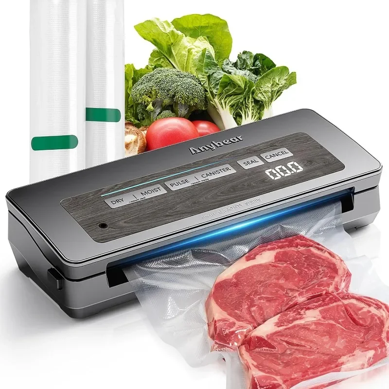 Anybear Vacuum Sealer Machine, 90kPa 120W Wide Seal All-IN-1 Food Storage, Digital Display | 2 Bag Rolls and 5pcs Pre-cut Bags