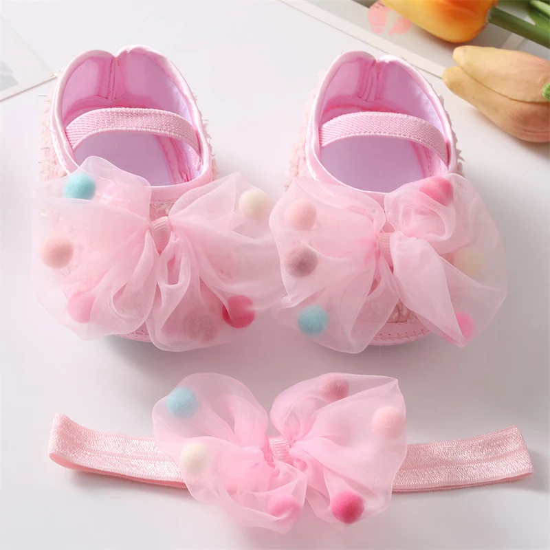 Baby Girls Mary Jane Flats with Bowknot Headband Infant Floral Bow First Walker Crib Shoes Princess Wedding Dress Shoes