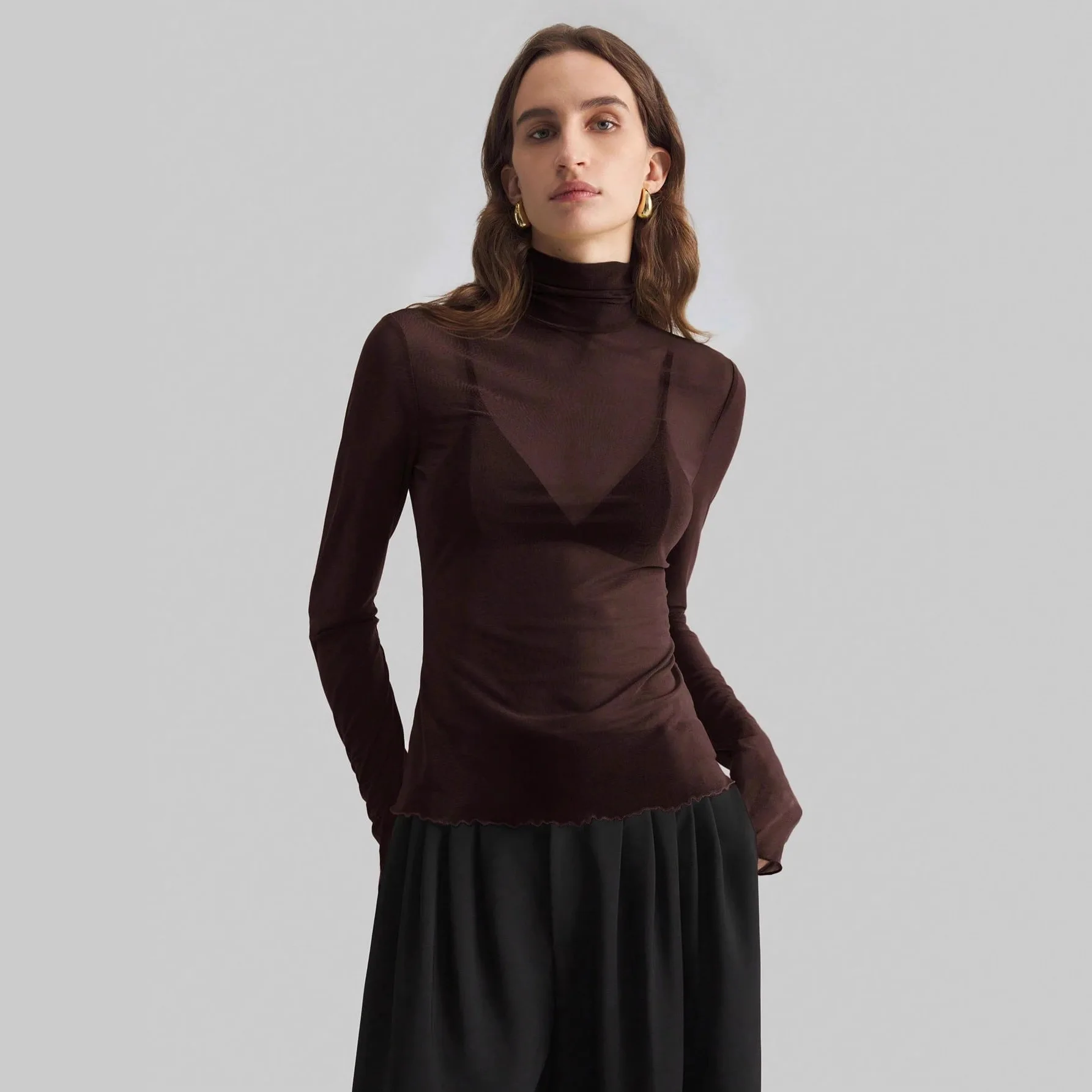 Haut transparent pour femme printemps-automne, nouveau modèle décontracté et élégant, col montant, coupe ajustée, maille unie, manches longues