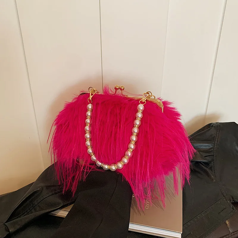 Bags Hairy Tassel Bag Autumn/Winter 2024 New Forest Sweet Girl Pearl Chain Crossbody Small Square Bag Ladies' Dinner Bag