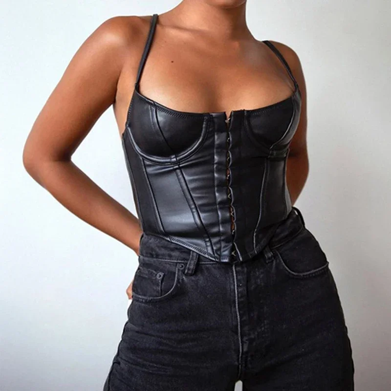 Women Faux Leather Corset Top Black PU Bustier Camisole Hook and Eye Front Crop Top Cami Tank Party Clubwear Night Out Wear