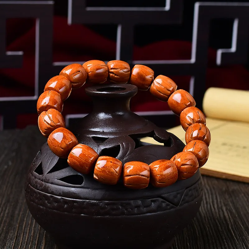 Traditional Chinese Style Natural Polished Peach Pit Bracelet 11mm Barrel Beads Lucky Fortune Blessing Prayer Unisex Feng Shui