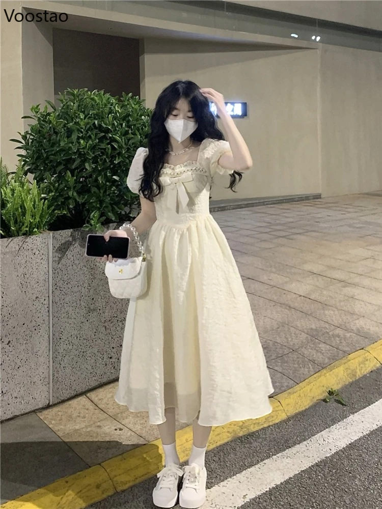 Summer Sweet Lolita Style Princess Dress Women Elegant Square Collar Bow Puff Sleeve Midi Dresses Female Casual Vacation Vestido