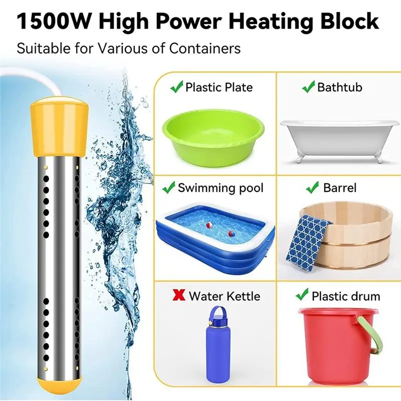 [NEW!N92R】 Immersion Water Heater, 1500W Electric Submersible Water Heater With Timer, Stainless Steel Guard Cover