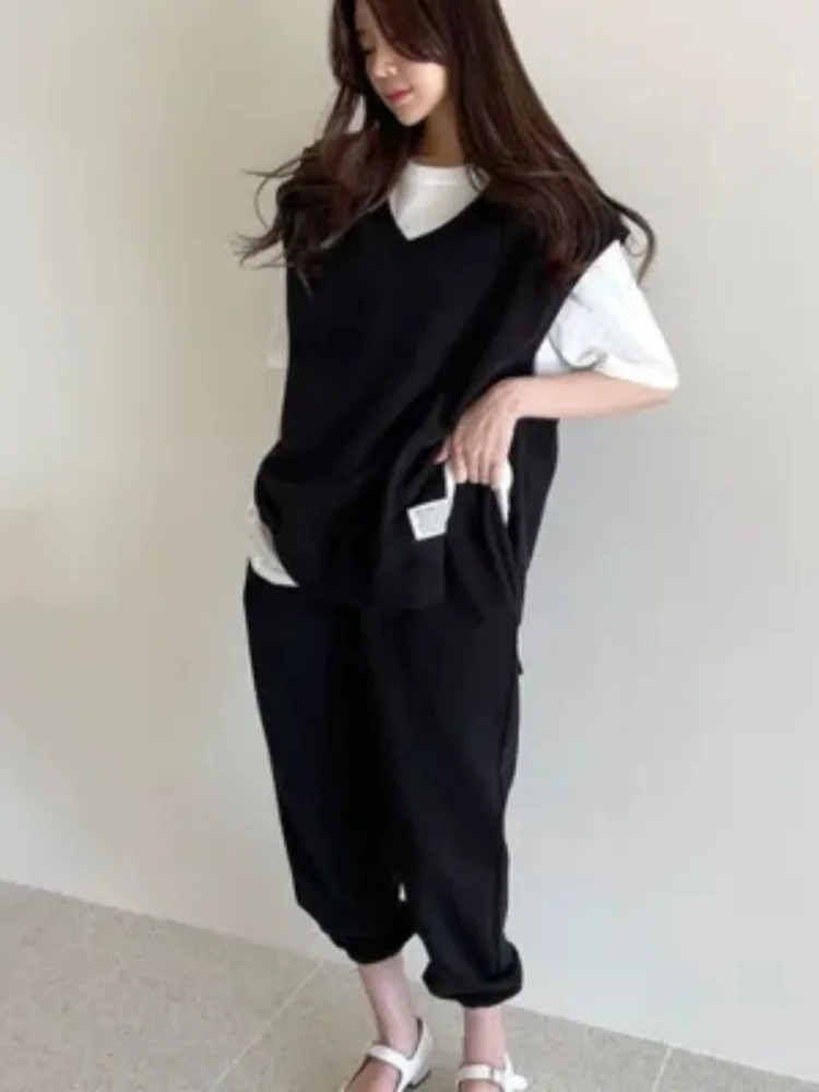 

Свободный женский пуловер с V-образным вырезом, свитер с разрезом и повседневные брюки, удобный дышащий комплект осеннего сезона