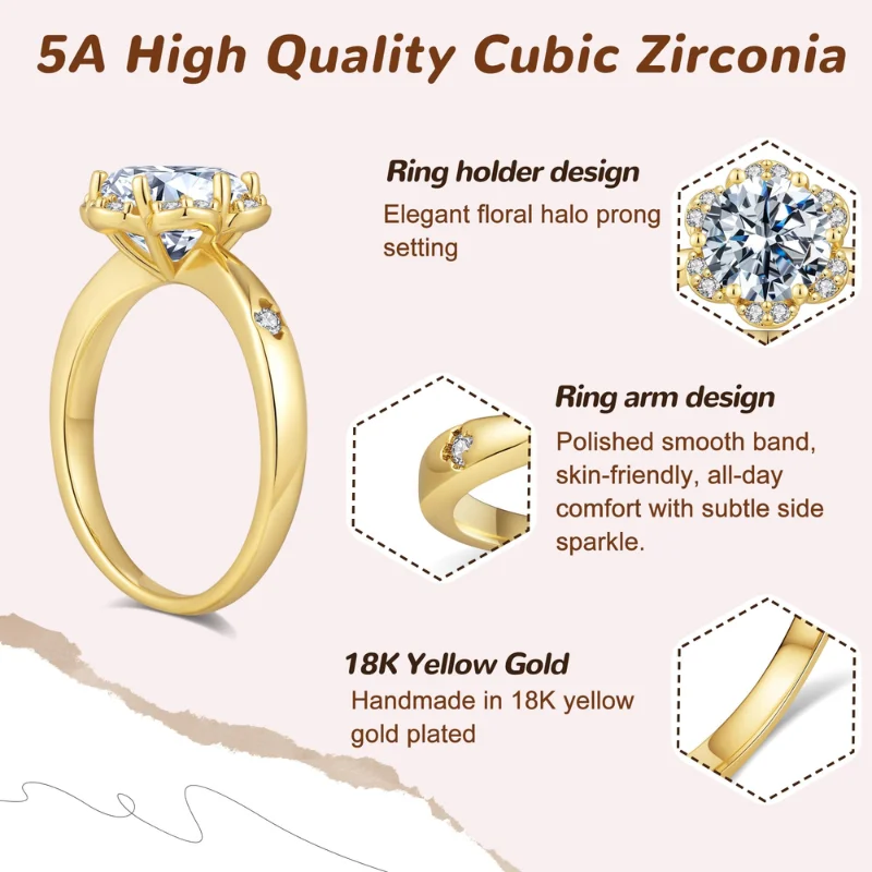 3CT Flower Shaped CZ Engagement Ring for Women, 18K Yellow Gold Plated Floral Solitaire Wedding Promise Band, Luxury Fine Jewelry for Anniversary & Holiday Gifts 3