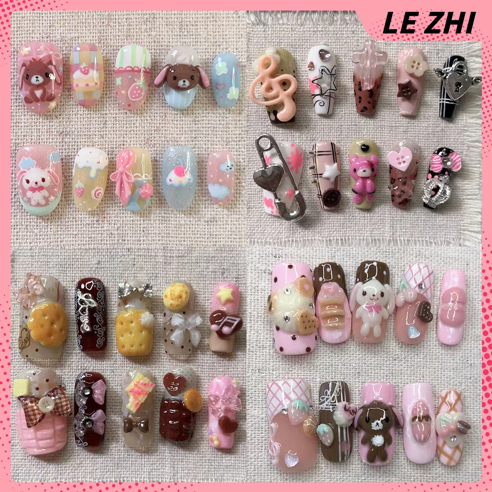 

Cartoon Kawaii Rilakkuma Long Square Stiletto Handmade Full Cover Nails Biscuit Strawberry Musical Notes Bow Pearl False Nails