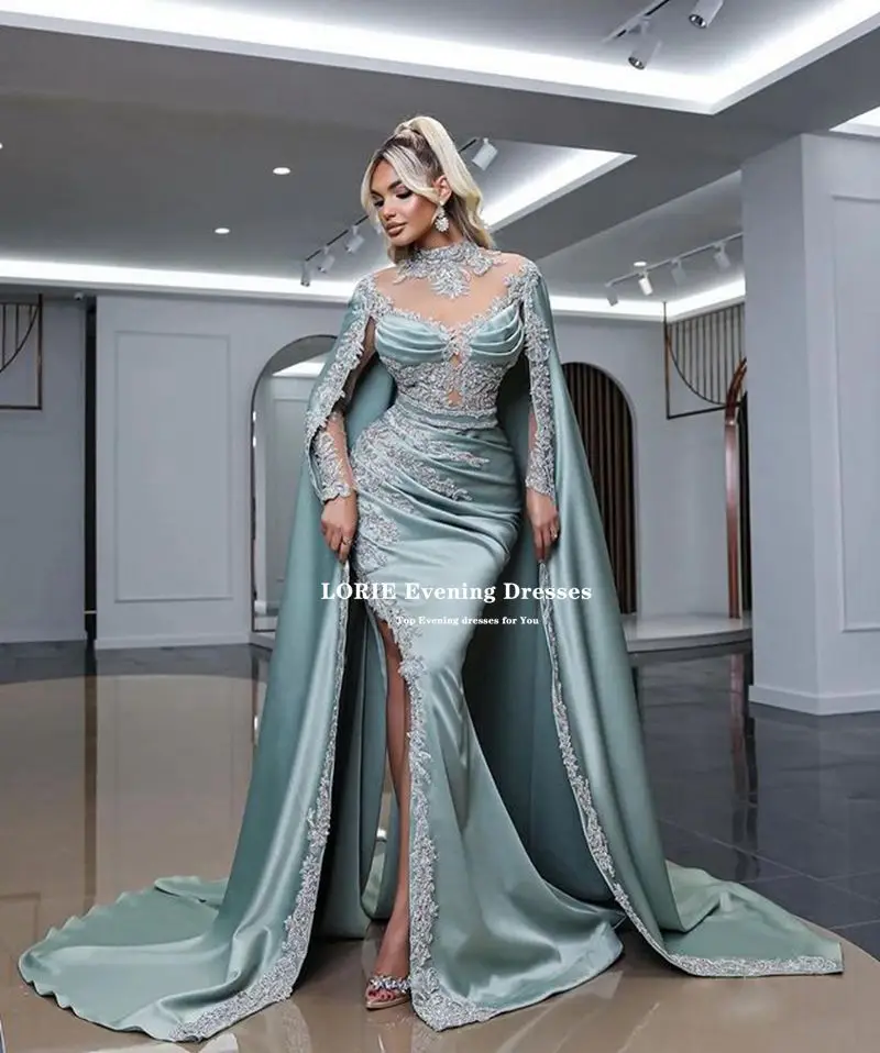 LORIE Luxury Mermaid Satin abiti da sera 2022 Appliques di pizzo con spacco alto Glitter maniche lunghe Vestidos De Noche Robes De Soirée