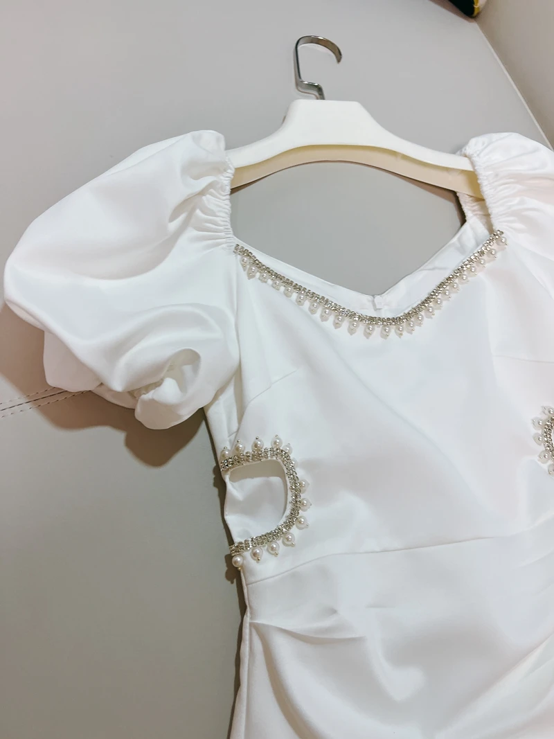 Lingzhi Wu Sexy White Dress Female Summer Luxury Ladies Diamond Square Collar Unique Fairy Birthday Vestidos Top Quality New