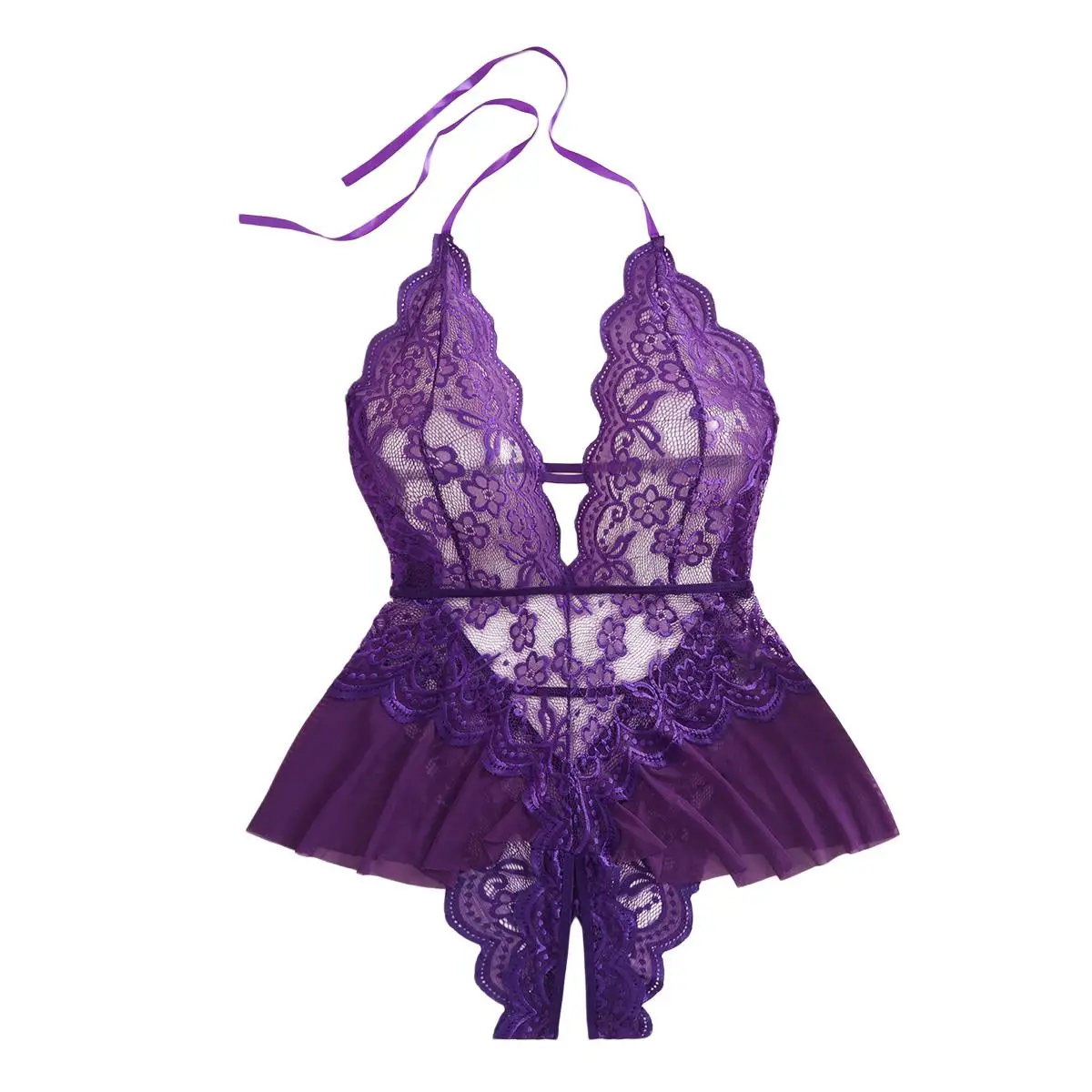 

Plus Size Backless Deep V Purple Lace Women Night Dress Teddy Babydoll