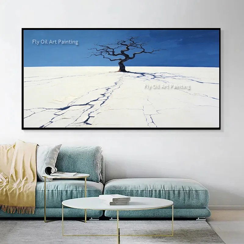 Large Simple Black White Tree Landsacpe Oil Painting For Living Room Handpainted White Land Blue Sky Canvas Wall Decor Items