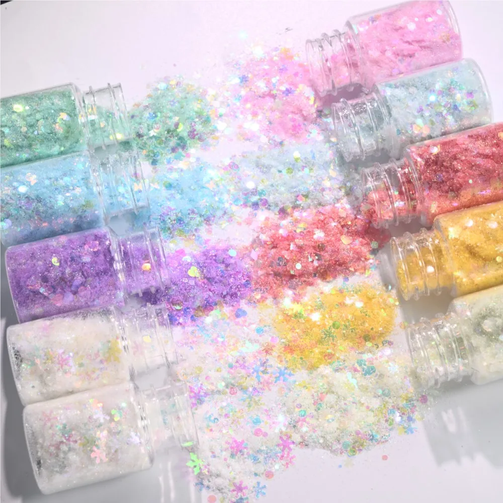 

10pcs Heart/Moon/Butterfly/Snowflakes Flakes Nail Powder Pink/White/Blue/Yellow Laser Nail Glitter Dust Iridescent Nail Pigment