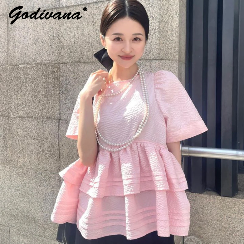 Japanese Style Three-Dimensional Embossed Fabric Cake Hem Pink Blouse Women Sweet Round Neck Short Puff Sleeve Shirt Tops