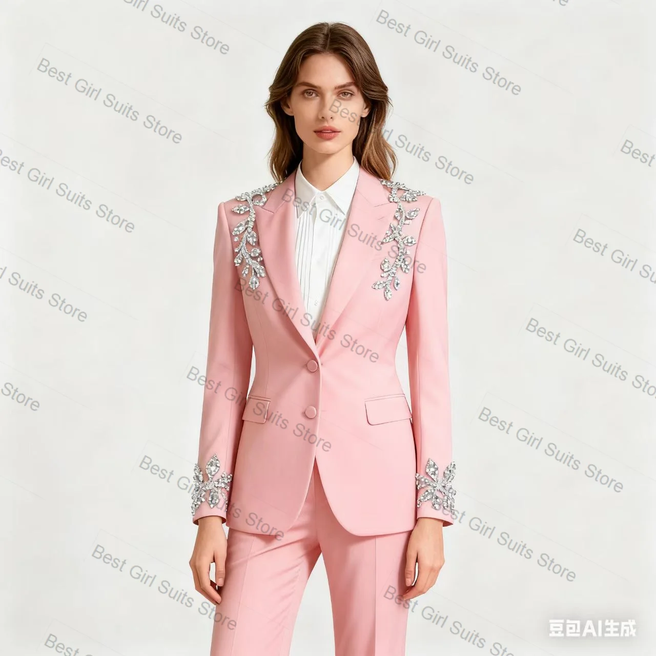 

Pink Crystals Women Suit Set 2 Piece Blazer+Pants Trousers Cotton Formal Office Lady Jacket Customized Prom Wedding Coat