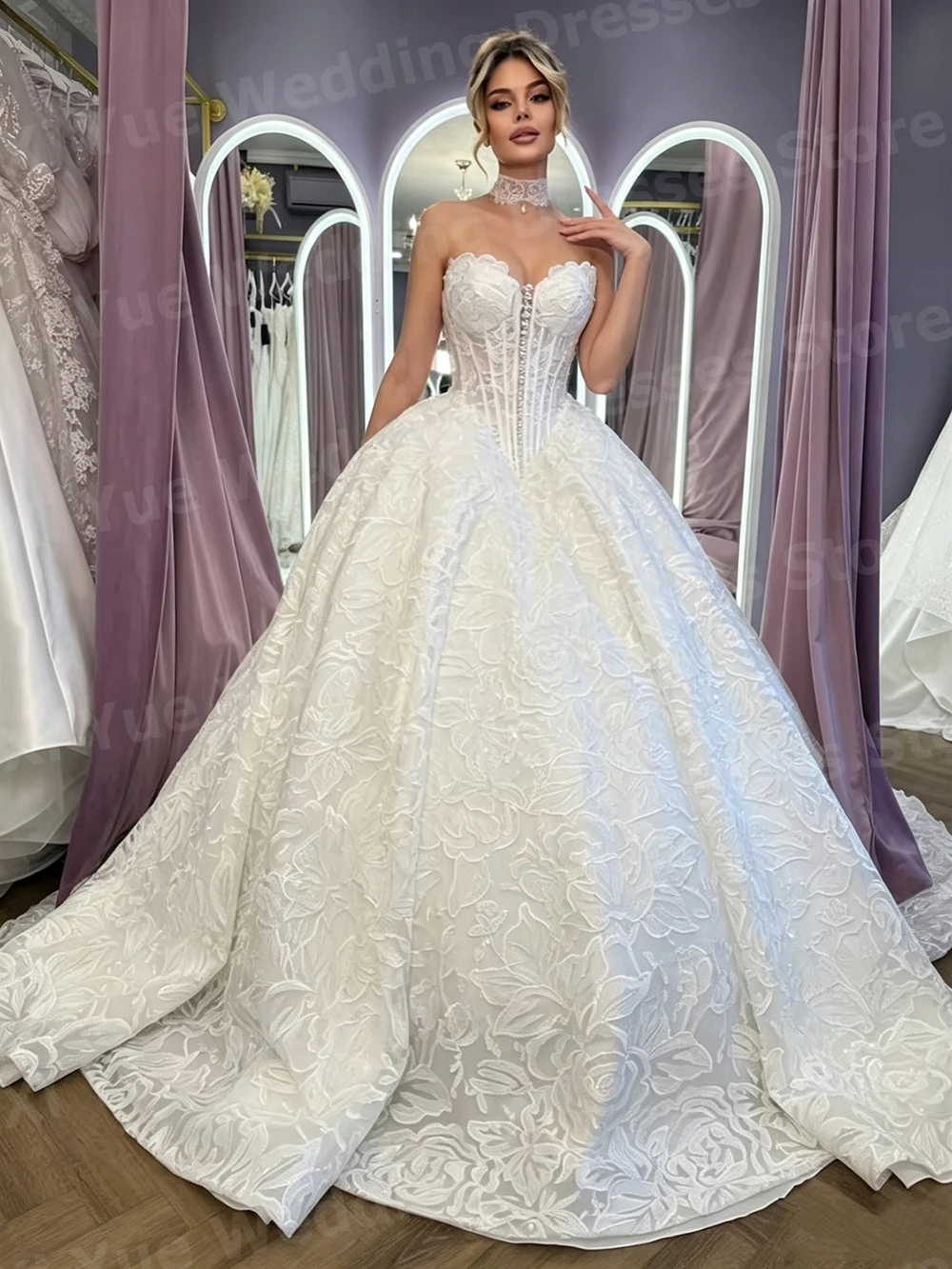 Romantic A Line Women's Sweetheart Lace Pearl Long Sleeve Wedding Dresses Vestido De Novia Bride Gowns Customized Robe De Mariée