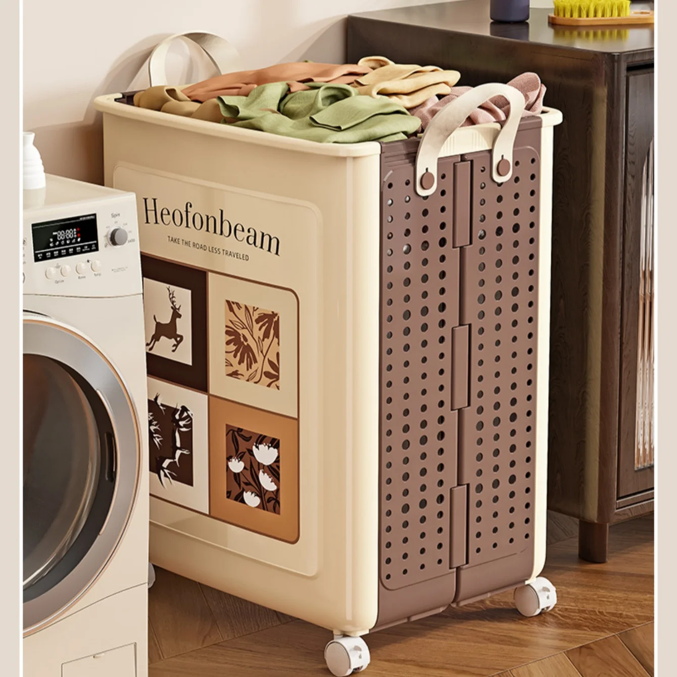plastic-collapsible-laundry-basket-cube-storage-bin-box-organizer-with-wheels-handle-durable-ventilated-foldable-hamper