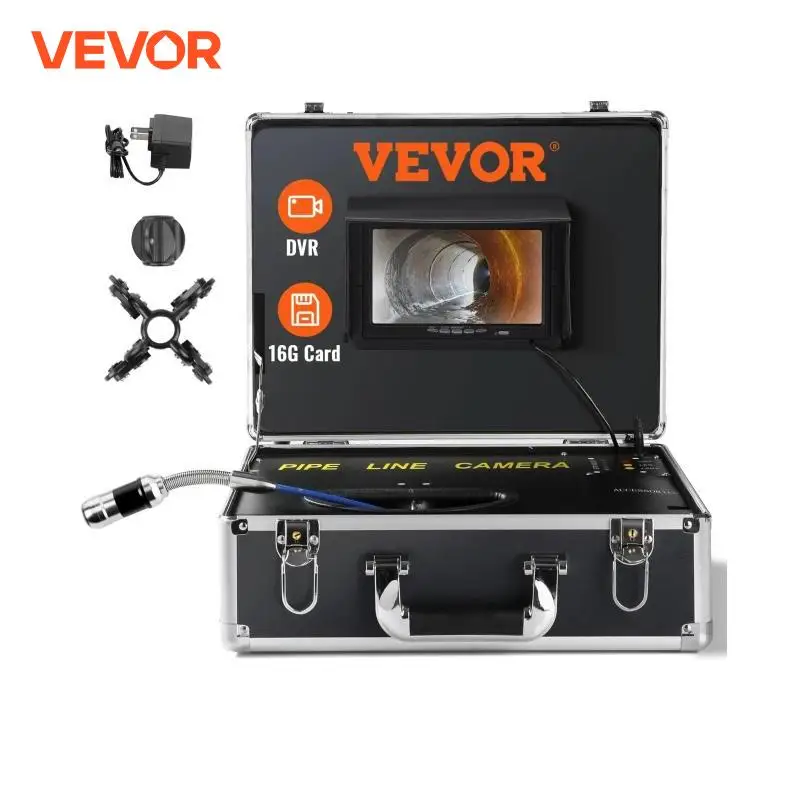 VEVOR Sewer Camera 7" Screen Pipeline Inspection Camera w/ DVR Function Waterproof Camera w/12 Adjustable LEDs and 16 GB SD Card