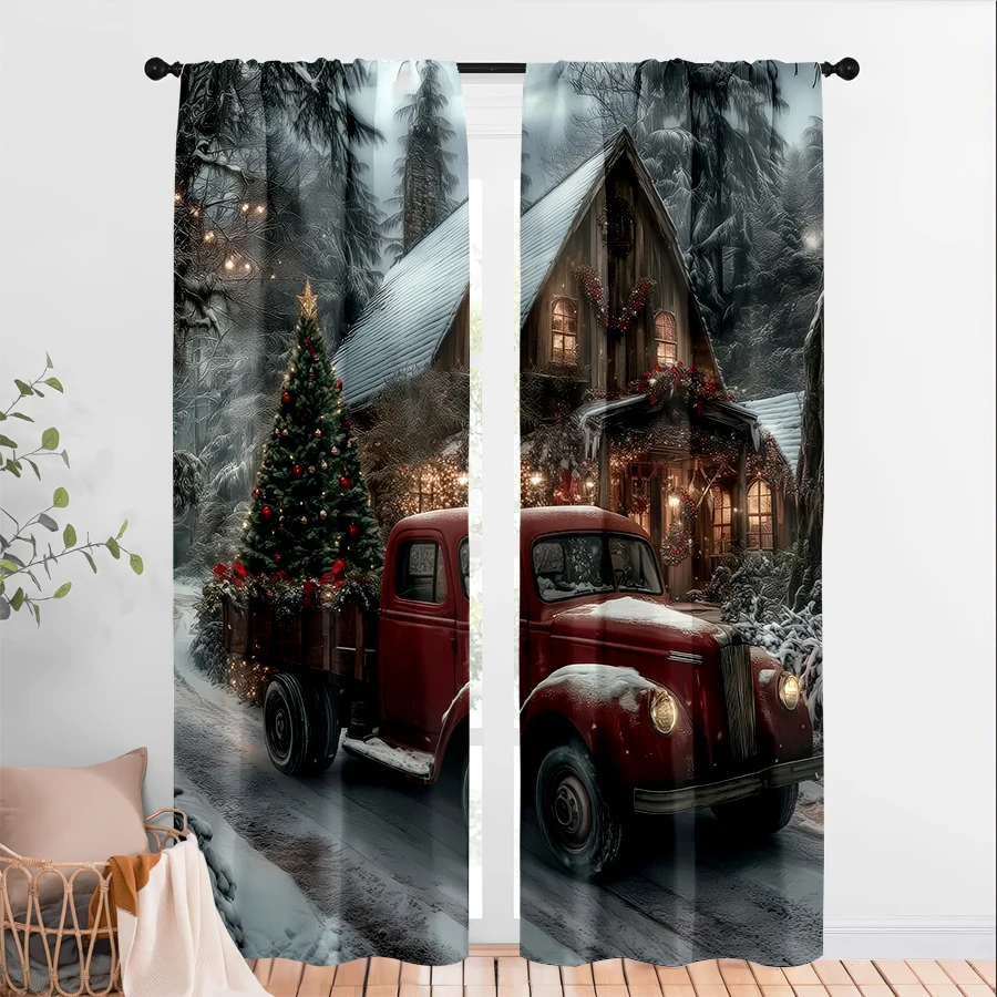 2PCS Digital Print Christmas Curtains, Red Vintage Truck Tree Cabin Forest, Nostalgic Country Window Drapes for Holiday Decor