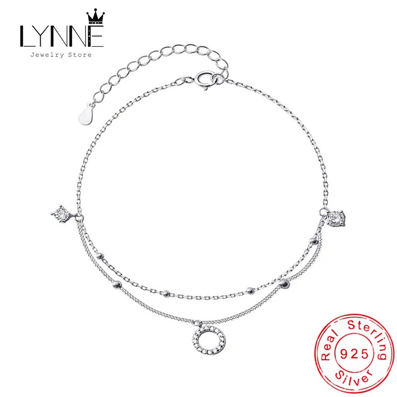 Nowa moda 925 srebro okrągły Rhinestone CZ wisiorek dwuwarstwowe obrączki kobiety biżuteria letnia cyrkonia łańcuszek na kostkę bransoletka