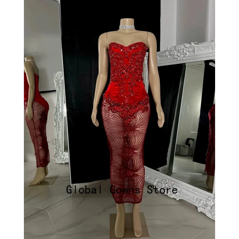 ชุดราตรีสีแดงยาวสำหรับสาวผิวดำ คอวีประดับลูกปัด สไตล์อเมริกัน-แอฟริกัน ชุดราตรีงานเลี้ยงวันเกิด สามารถสั่งตัดได้