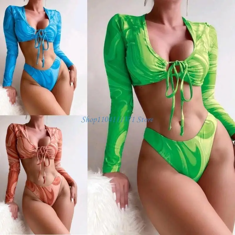P9FC Two Pieces Bathing Suit, Long Sleeve Swimming Costume and Low Waist Bottom