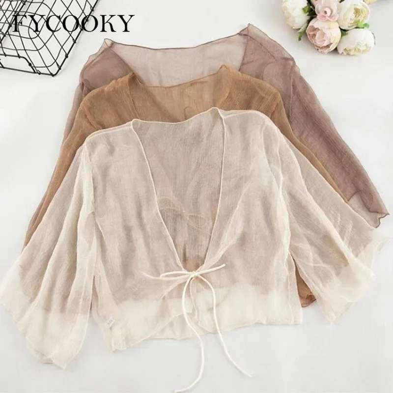 

New 2025 Solid Cardigan Women Summer Long Sleeve Sunscreen Sweet Beading V-neck Basics Loose Chiffon Cardigan