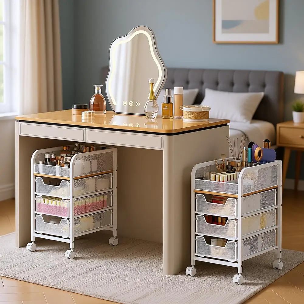 

Тумба-органайзер для косметики с 3 ящиками и узкая 4-уровневая тумба для хранения косметики с разделителями, белая