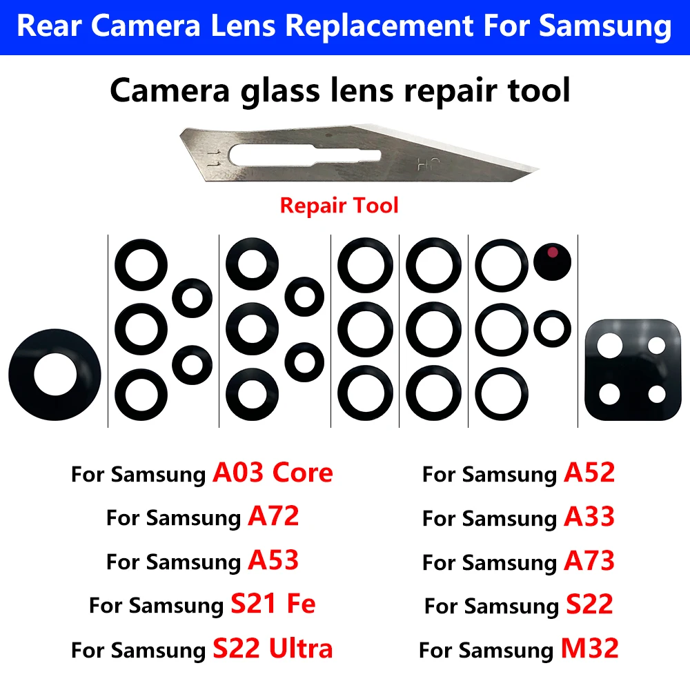 5Pcs，For Samsung A03 Core A33 A53 A73 A32 A52 A72 A82 S21 S22 Plus S21 Ultra FE Rear Back Camera Glass Lens With Glue Adhesive
