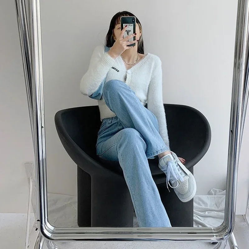 Dżinsy damskie Vintage Boot Cut Classic Slim Full Length Chic All-match Feminino Simple Casual Design Bottom Trousers Ins Harajuku