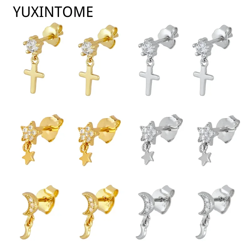 

925 Silver Ear Needle Crystal Stud Earrings For Women Pendientes Cross/Star/Moon Piercing Earrings Fashion Jewelry Wholesale