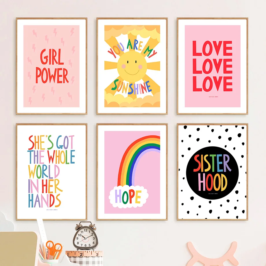 Pintura en lienzo de arte de pared para habitación de niños, carteles e impresiones de guardería, cita inspiradora del poder de la niña del Sol del arco iris, imágenes decorativas