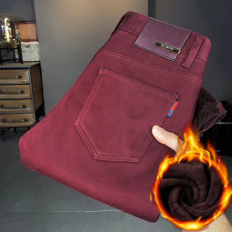 

Thiened Fce Lined Slim Fit Men's Jeans Winter New Sle Red Wine Color Versatile High Waist Dstring Low Stretch Resis...