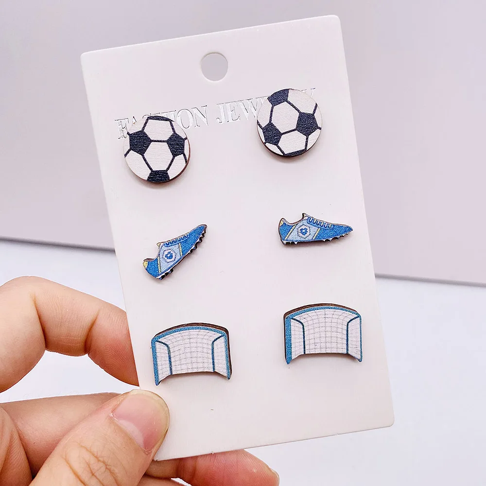 Baseball Softball Football Sports Stud Earrings set Heart Shape Sports Wood Earring for Women Ball Game Earrings Jewelry