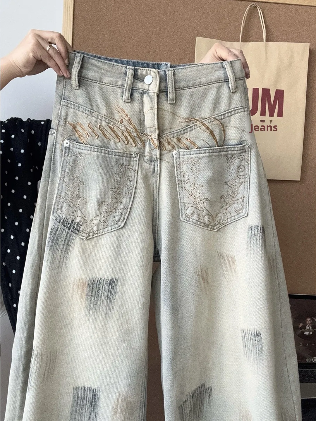 Calças Jeans Americanas Bordadas com Letras, Reversíveis, Unissex, Verão, Lavadas, Estilo Vintage, Perna Larga, Resistentes à...