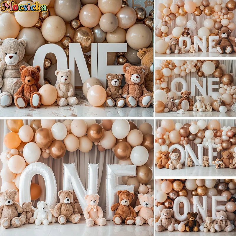 

Mocsicka Photography Background 1st Birthday Party Cake Smash Kids Portrait Decor Tan Bear Balloon Wall Backdrop Photo Studio